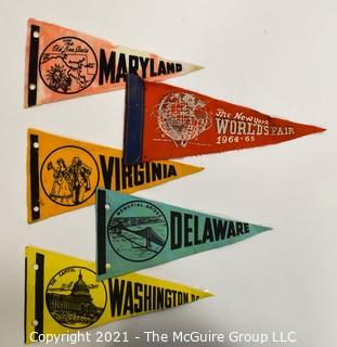 (5) Vintage Mini Felt Pennants Including World's Fair, 1964.  Measure 7"L.