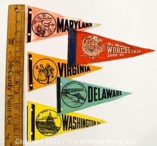 (5) Vintage Mini Felt Pennants Including World's Fair, 1964.  Measure 7"L.