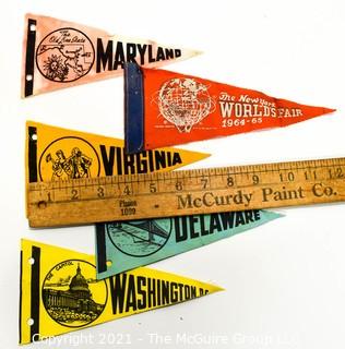 (5) Vintage Mini Felt Pennants Including World's Fair, 1964.  Measure 7"L.