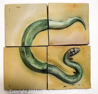 Set of Four (4) Hand Thrown Matte Finish Tiles with Serpent Decoration.  Each measures 4"x 4"