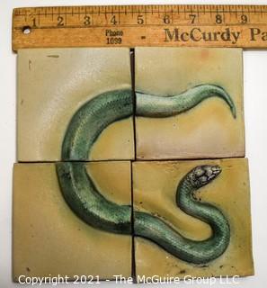 Set of Four (4) Hand Thrown Matte Finish Tiles with Serpent Decoration.  Each measures 4"x 4"