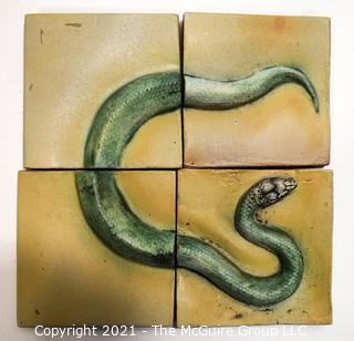 Set of Four (4) Hand Thrown Matte Finish Tiles with Serpent Decoration.  Each measures 4"x 4"