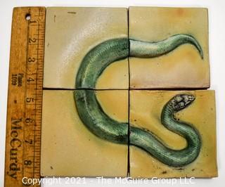 Set of Four (4) Hand Thrown Matte Finish Tiles with Serpent Decoration.  Each measures 4"x 4"