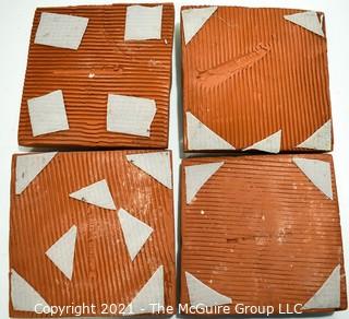 Set of Four (4) Hand Thrown Matte Finish Tiles with Serpent Decoration.  Each measures 4"x 4"