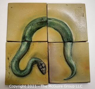 Set of Four (4) Hand Thrown Matte Finish Tiles with Serpent Decoration.  Each measures 4"x 4"