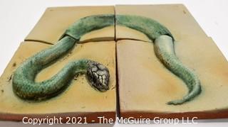 Set of Four (4) Hand Thrown Matte Finish Tiles with Serpent Decoration.  Each measures 4"x 4"