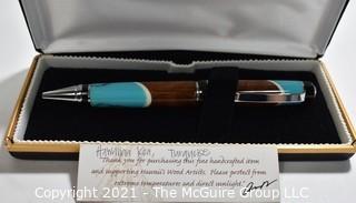 Artisan Crafted Gold Plated Hawaiian Koa Wood with Turquoise Ball Point Writing Pen, New in Box.