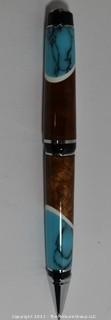 Artisan Crafted Gold Plated Hawaiian Koa Wood with Turquoise Ball Point Writing Pen, New in Box.