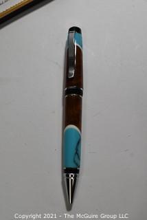 Artisan Crafted Gold Plated Hawaiian Koa Wood with Turquoise Ball Point Writing Pen, New in Box.