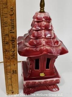 Vintage Royal Haeger Art Pottery Red Japanese Pagoda Table Lamp with Finial.  Chip to Finial Top.  Measures 26" tall with shade harp.