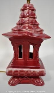 Vintage Royal Haeger Art Pottery Red Japanese Pagoda Table Lamp with Finial.  Chip to Finial Top.  Measures 26" tall with shade harp.