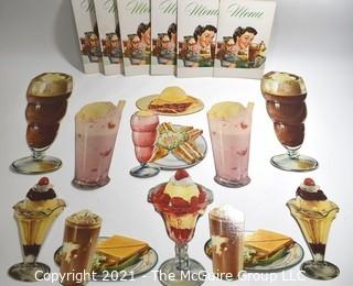 Collection of Vintage Diner Menus and Food Decorations.  New & Unused. 