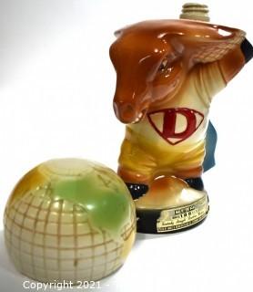 Vintage Jim Beam Bourbon Ceramic Democratic Donkey Decanter Holding the Globe. Measures 11"T.