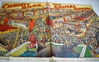 Original Vintage Christy Bros Five (5) Ring Wild Animal Show Circus Poster, Riverside Print Co. Chicago.  Measures 28” X 40”. Split on one crease. 