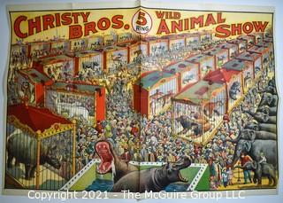 Original Vintage Christy Bros Five (5) Ring Wild Animal Show Circus Poster, Riverside Print Co. Chicago.  Measures 28” X 40”. Split on one crease. 