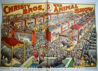 Original Vintage Christy Bros Five (5) Ring Wild Animal Show Circus Poster, Riverside Print Co. Chicago.  Measures 28” X 40”. Split on one crease. 