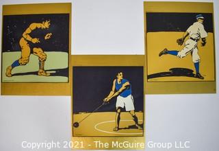 Set of Three (3) Vintage Original Woodblock Prints of Various Athletes Mounted on Board. Unsigned.  Each Measure 11" x 22"