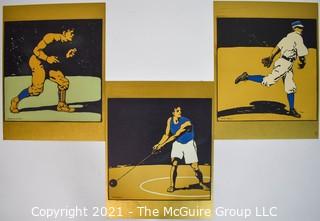 Set of Three (3) Vintage Original Woodblock Prints of Various Athletes Mounted on Board. Unsigned.  Each Measure 11" x 22"