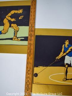 Set of Three (3) Vintage Original Woodblock Prints of Various Athletes Mounted on Board. Unsigned.  Each Measure 11" x 22"