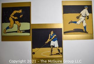 Set of Three (3) Vintage Original Woodblock Prints of Various Athletes Mounted on Board. Unsigned.  Each Measure 11" x 22"