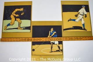 Set of Three (3) Vintage Original Woodblock Prints of Various Athletes Mounted on Board. Unsigned.  Each Measure 11" x 22"