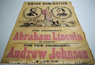 Original Colored Lithograph of 1864 Presidential Campaign Poster of Republican Abraham Lincoln and Democrat Andrew Johnson running on the National Union Party Ticket.  From the Estate of Oscar Deloss Norling, who acquired the piece from the Stevens-Robertson Gallery, W 57th St, NY NY in the 1960's.   Measures 13 1/2 x 18 1/4"T