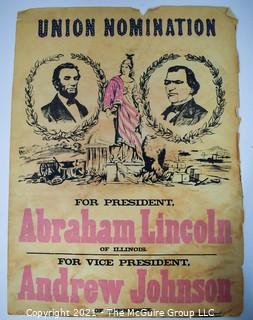 Original Colored Lithograph of 1864 Presidential Campaign Poster of Republican Abraham Lincoln and Democrat Andrew Johnson running on the National Union Party Ticket.  From the Estate of Oscar Deloss Norling, who acquired the piece from the Stevens-Robertson Gallery, W 57th St, NY NY in the 1960's.   Measures 13 1/2 x 18 1/4"T