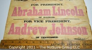 Original Colored Lithograph of 1864 Presidential Campaign Poster of Republican Abraham Lincoln and Democrat Andrew Johnson running on the National Union Party Ticket.  From the Estate of Oscar Deloss Norling, who acquired the piece from the Stevens-Robertson Gallery, W 57th St, NY NY in the 1960's.   Measures 13 1/2 x 18 1/4"T