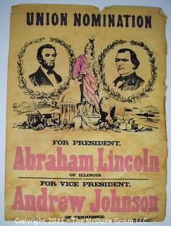 Original Colored Lithograph of 1864 Presidential Campaign Poster of Republican Abraham Lincoln and Democrat Andrew Johnson running on the National Union Party Ticket.  From the Estate of Oscar Deloss Norling, who acquired the piece from the Stevens-Robertson Gallery, W 57th St, NY NY in the 1960's.   Measures 13 1/2 x 18 1/4"T