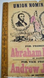 Original Colored Lithograph of 1864 Presidential Campaign Poster of Republican Abraham Lincoln and Democrat Andrew Johnson running on the National Union Party Ticket.  From the Estate of Oscar Deloss Norling, who acquired the piece from the Stevens-Robertson Gallery, W 57th St, NY NY in the 1960's.   Measures 13 1/2 x 18 1/4"T