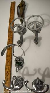 Group of Art Deco Mid Century Chrome and Brass Wall Hooks and Door Knocker.