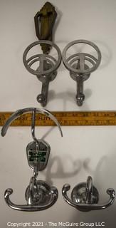 Group of Art Deco Mid Century Chrome and Brass Wall Hooks and Door Knocker.