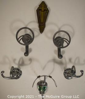 Group of Art Deco Mid Century Chrome and Brass Wall Hooks and Door Knocker.