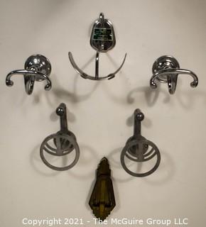 Group of Art Deco Mid Century Chrome and Brass Wall Hooks and Door Knocker.