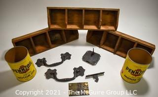 Vintage Group of Three (3) Wooden Car Parts Bins, Two (2) Vintage Pennzoil Oil Cans and Vintage Lockset with Key.