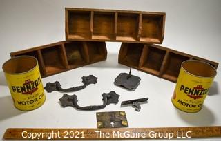 Vintage Group of Three (3) Wooden Car Parts Bins, Two (2) Vintage Pennzoil Oil Cans and Vintage Lockset with Key.