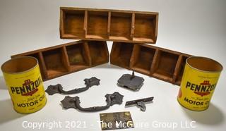 Vintage Group of Three (3) Wooden Car Parts Bins, Two (2) Vintage Pennzoil Oil Cans and Vintage Lockset with Key.