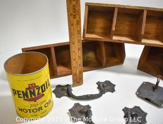 Vintage Group of Three (3) Wooden Car Parts Bins, Two (2) Vintage Pennzoil Oil Cans and Vintage Lockset with Key.