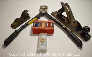 Group of Vintage Items Including Bolt Cutter, Wood Planes and Box of Vintage Poker Chips