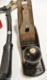 Group of Vintage Items Including Bolt Cutter, Wood Planes and Box of Vintage Poker Chips