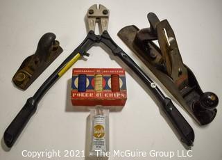 Group of Vintage Items Including Bolt Cutter, Wood Planes and Box of Vintage Poker Chips