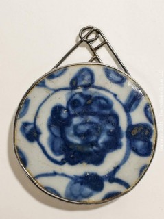 Asian Potshard (Porcelain Shard) with Silver Surround Pendant Necklace, Blue & White Glaze.  Measures 2 1/2" diameter. 