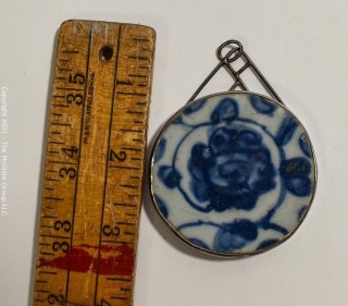 Asian Potshard (Porcelain Shard) with Silver Surround Pendant Necklace, Blue & White Glaze.  Measures 2 1/2" diameter. 