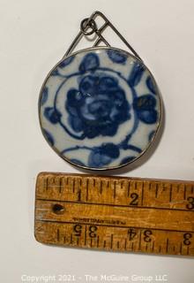 Asian Potshard (Porcelain Shard) with Silver Surround Pendant Necklace, Blue & White Glaze.  Measures 2 1/2" diameter. 