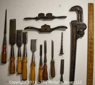 Group of Vintage Carpenter and Hand Tools Including Wood Chisels, Monkey Wrench and Draw Shave. 