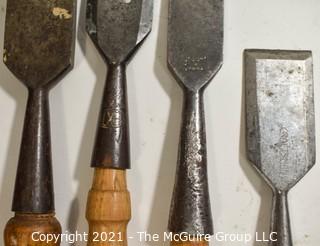 Group of Vintage Carpenter and Hand Tools Including Wood Chisels, Monkey Wrench and Draw Shave. 