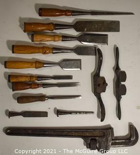 Group of Vintage Carpenter and Hand Tools Including Wood Chisels, Monkey Wrench and Draw Shave. 