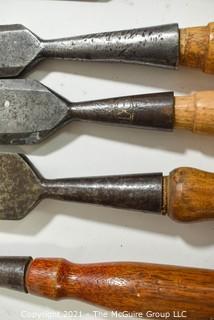 Group of Vintage Carpenter and Hand Tools Including Wood Chisels, Monkey Wrench and Draw Shave. 