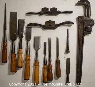 Group of Vintage Carpenter and Hand Tools Including Wood Chisels, Monkey Wrench and Draw Shave. 