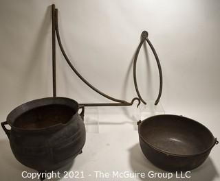 Two (2) Antique Cast Iron Hearth Cook Pots, Fireplace Bracket and Tongs. 